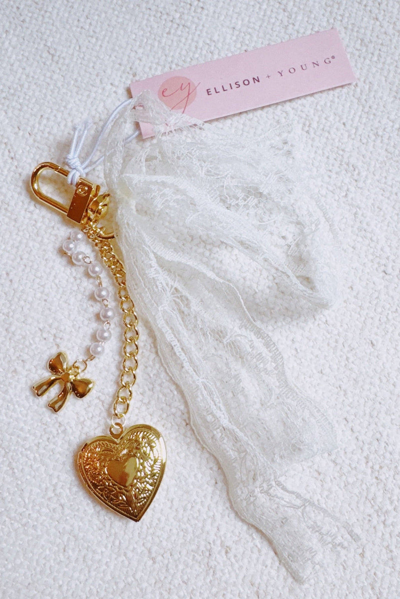 Lace & Love Heart Bag Charm  – White Bow with Gold Heart | Romantic Chic - Uniquely Claudia Boutique
