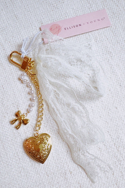 Lace & Love Heart Bag Charm  – White Bow with Gold Heart | Romantic Chic - Uniquely Claudia Boutique