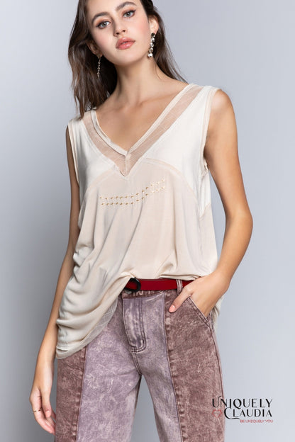 Lannie Sheer Lace Trim Sleeveless Top | Uniquely Claudia Boutique