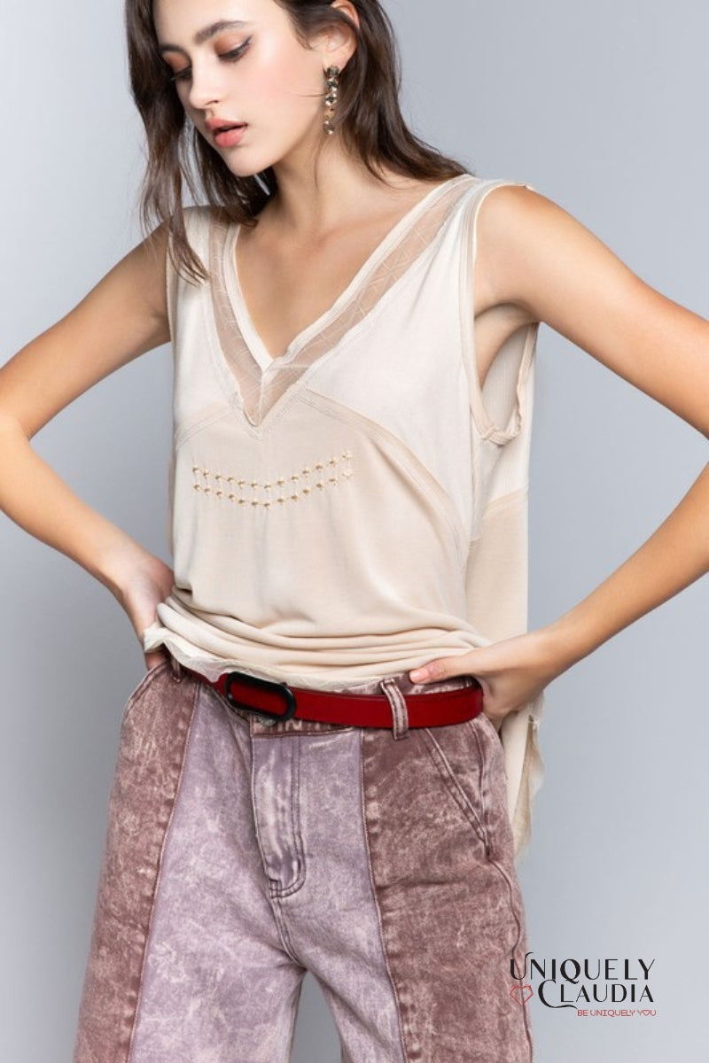 Lannie Sheer Lace Trim Sleeveless Top | Uniquely Claudia Boutique