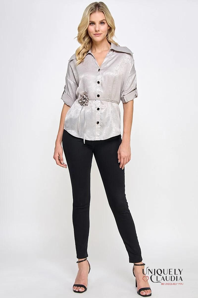 Liz Button-Down Blouse with Rosette Belt | Uniquely Claudia Boutique 