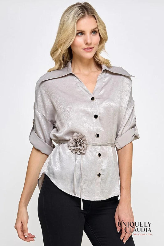 Liz Button-Down Blouse with Rosette Belt | Uniquely Claudia Boutique 
