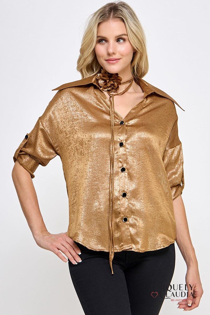 Liz Button-Down Blouse with Rosette Sash | Uniquely Claudia Boutique 
