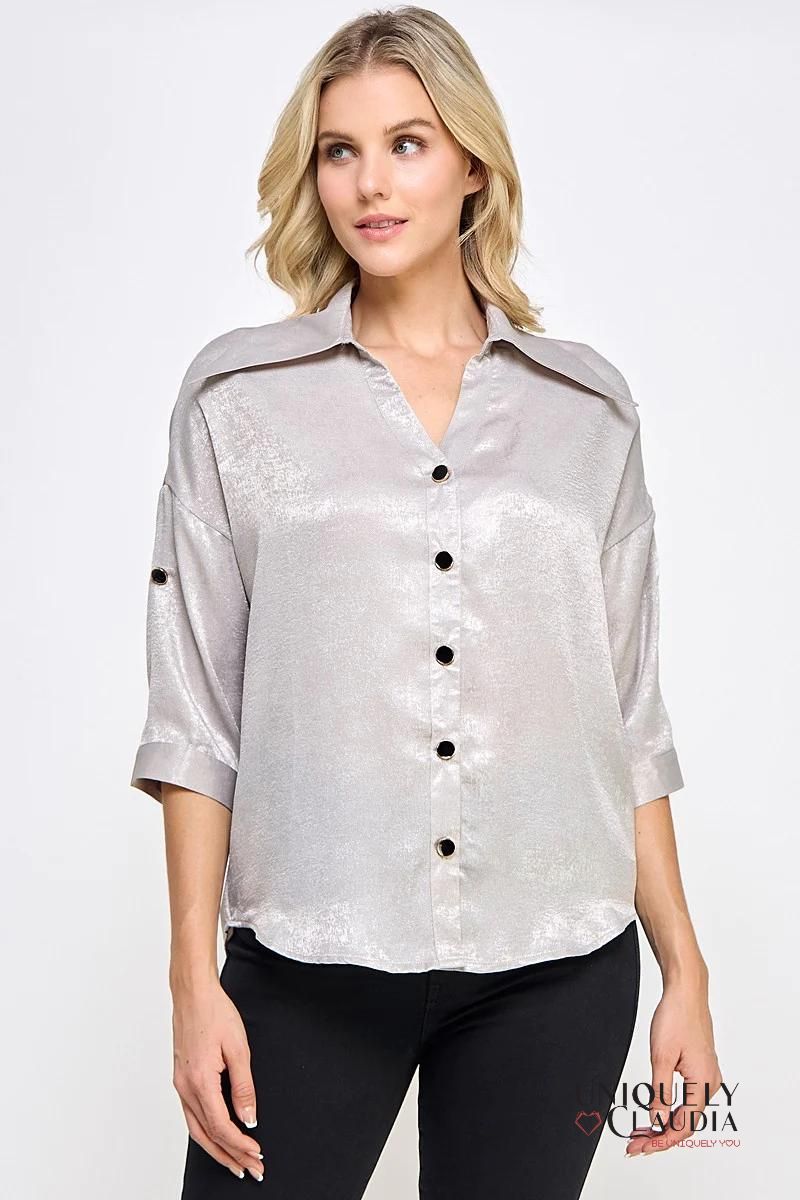 Liz Button-Down Blouse with Rosette Belt | Uniquely Claudia Boutique 