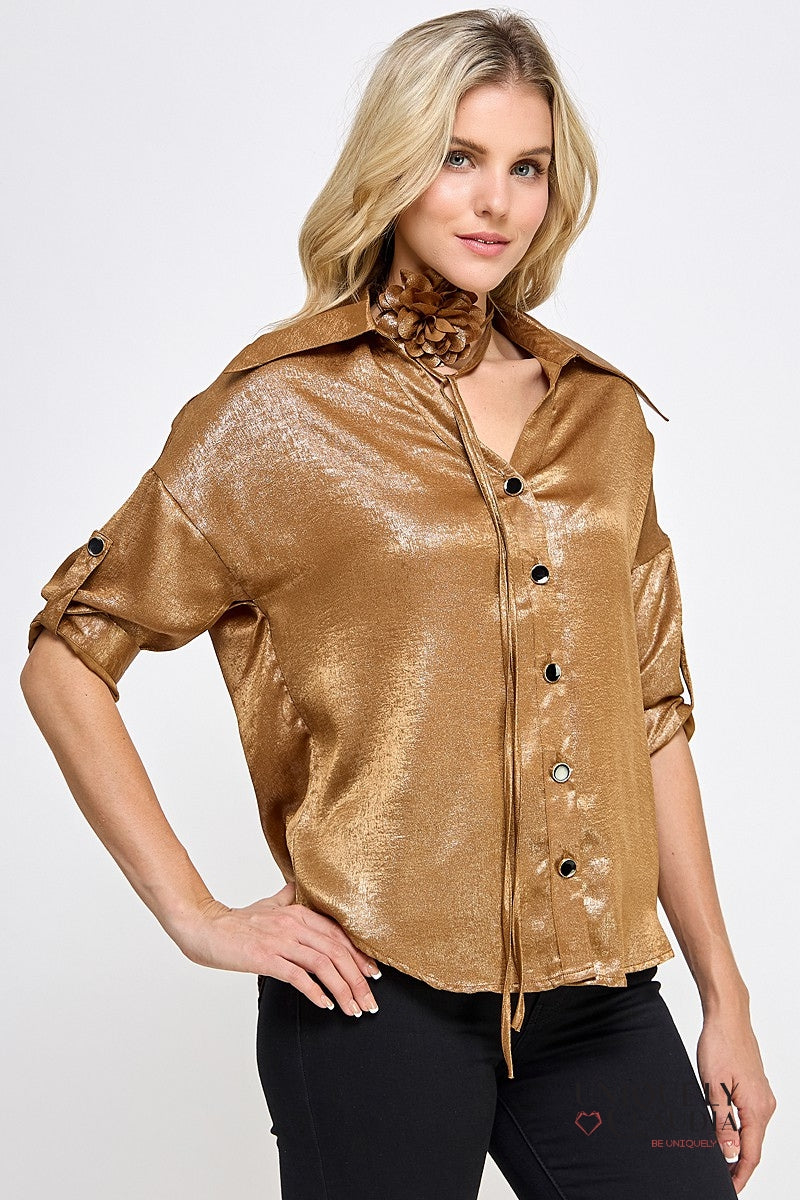 Liz Button-Down Blouse with Rosette Sash | Uniquely Claudia Boutique 