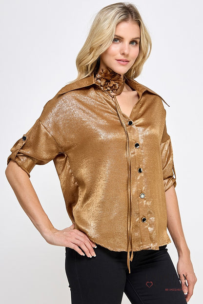 Liz Button-Down Blouse with Rosette Sash | Uniquely Claudia Boutique 