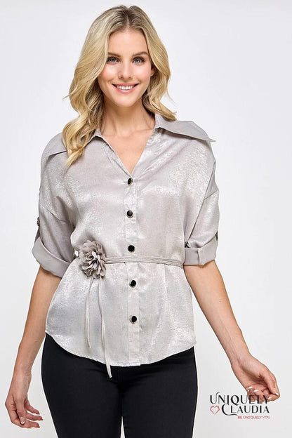Liz Button-Down Blouse with Rosette Belt | Uniquely Claudia Boutique 