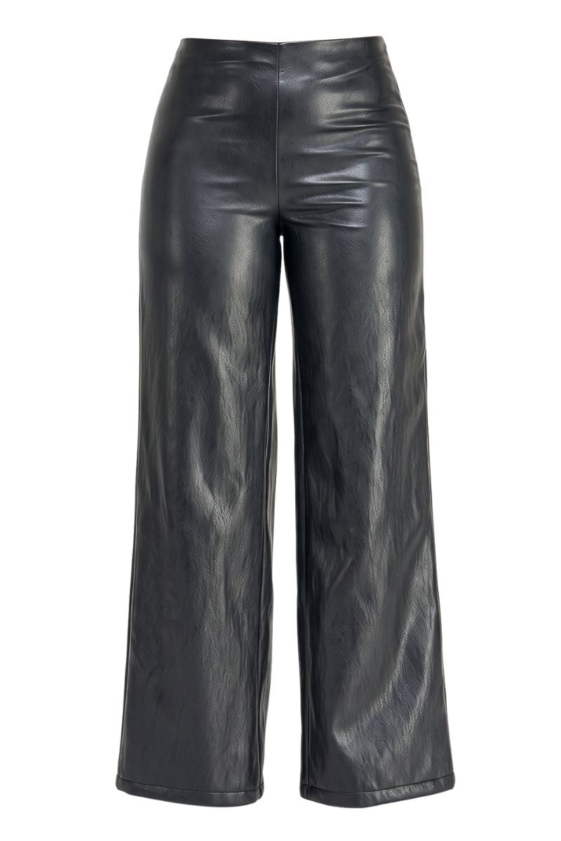 Black faux leather wide-leg cropped pants with a high waist, shown against a plain white background.