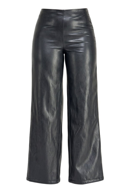 Black faux leather wide-leg cropped pants with a high waist, shown against a plain white background.