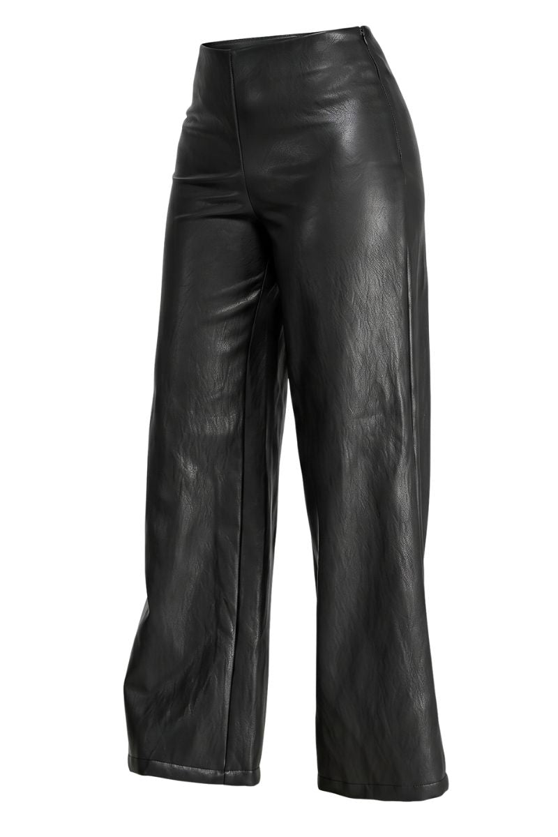 Black faux leather wide-leg cropped pants with a high waist and front welt pockets, shown against a plain white background.
