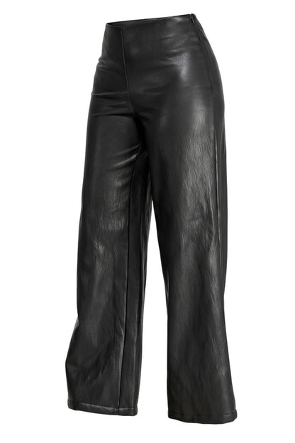 Black faux leather wide-leg cropped pants with a high waist and front welt pockets, shown against a plain white background.