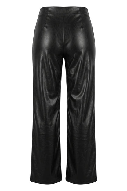 Black wide-leg faux leather pants with a high waist, photographed against a solid white background.