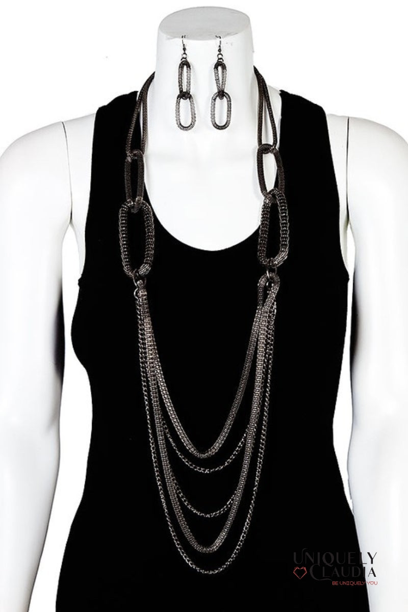 Lizette Long Layer Oval Earrings & Necklace Set