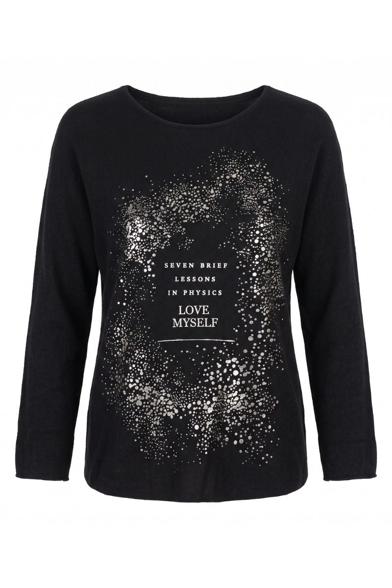 A black long-sleeve crewneck top featuring a white graphic print of a female silhouette surrounded by a starburst pattern, with the text 'SEVEN BRIEF LESSONS IN PHYSICS LOVE MYSELF' printed in the center.