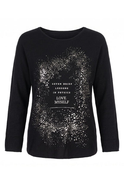 A black long-sleeve crewneck top featuring a white graphic print of a female silhouette surrounded by a starburst pattern, with the text 'SEVEN BRIEF LESSONS IN PHYSICS LOVE MYSELF' printed in the center.