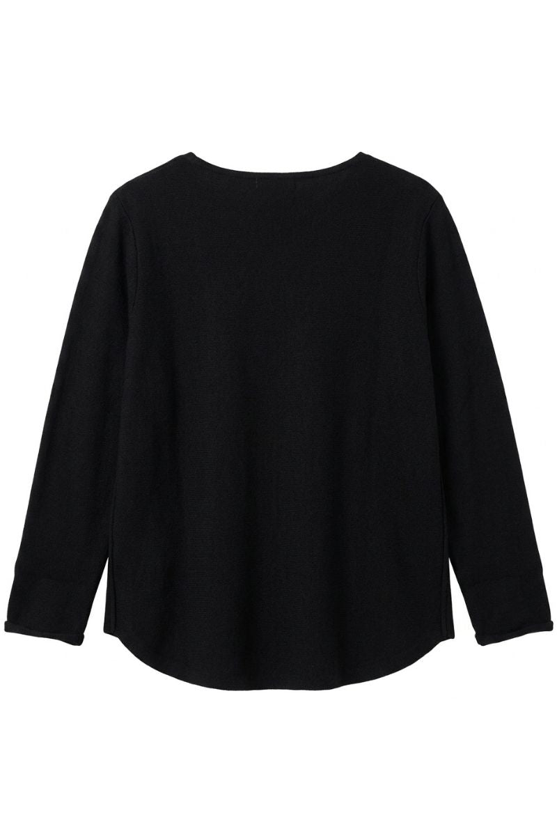 A black long-sleeve top with a wide boat neckline, displayed against a plain white background.