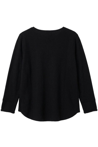 A black long-sleeve top with a wide boat neckline, displayed against a plain white background.