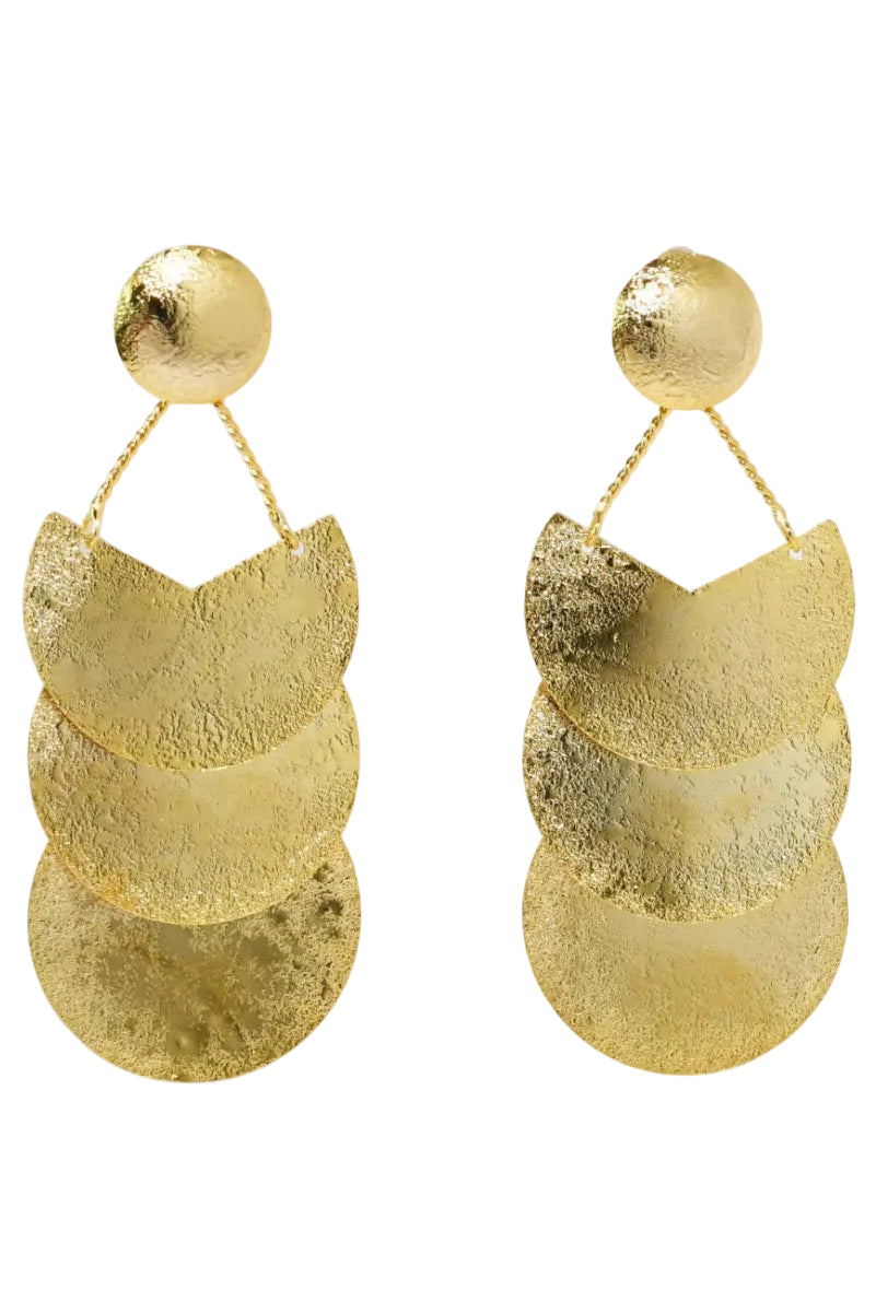 Pair of gold layered earrings on a light gray background