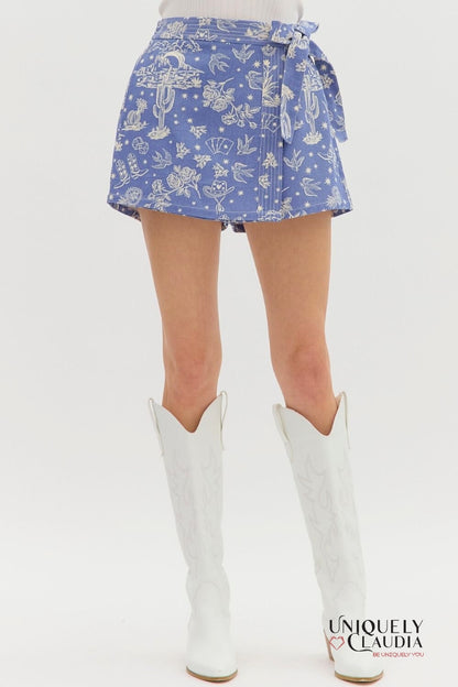 Lyla Western Motif Denim Wrap Skort - Uniquely Claudia Boutique
