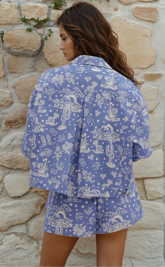 Woman wearing a blue patterned outfit against a stone wall.