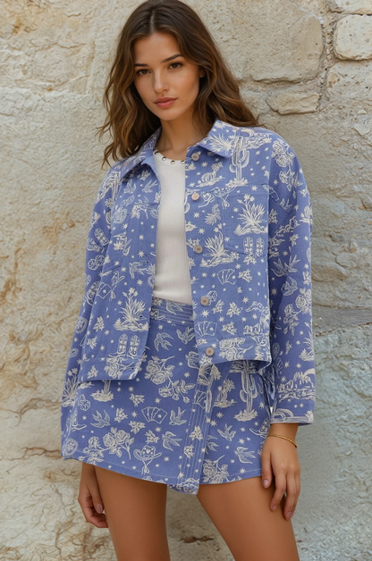 Woman wearing a blue floral outfit against a stone wall.