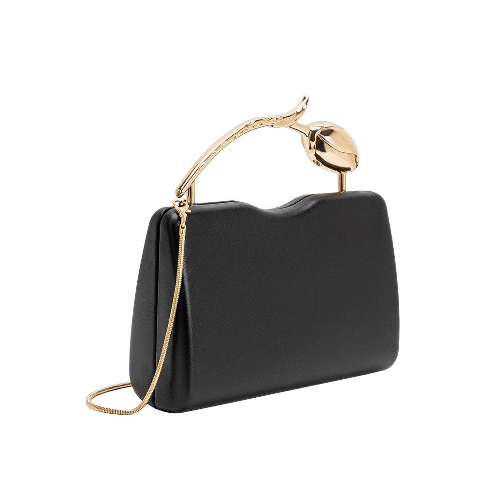 A black faux-leather clutch handbag with a curved top handle and a gold-tone chain strap, photographed on a solid white background.