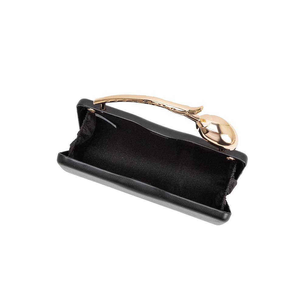 MELIE BIANCO: Belle Black Vegan Leather Rose Bud Handle Clutch
