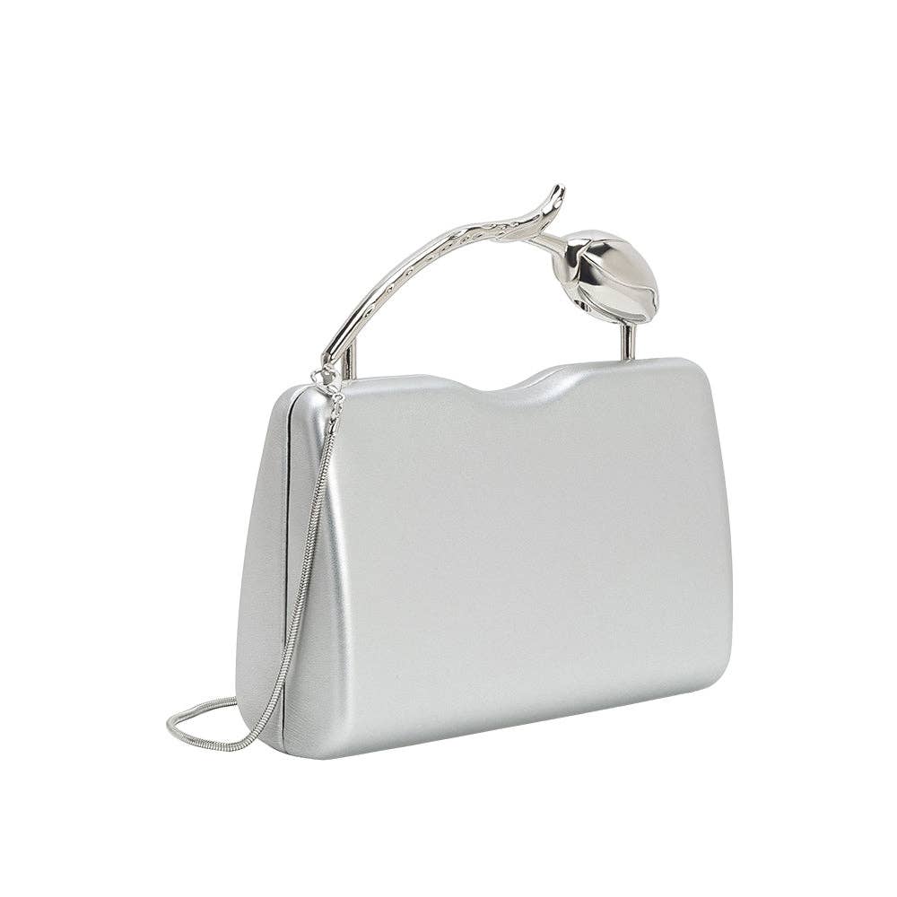 Silver clutch bag with unique handle design on a white background