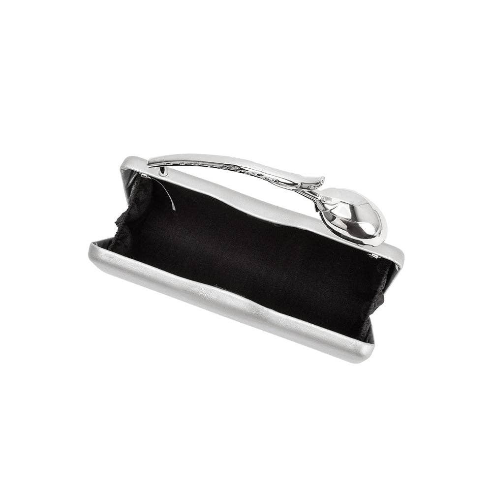 MELIE BIANCO: Belle Silver Vegan Leather Rose Bud Handle Clutch