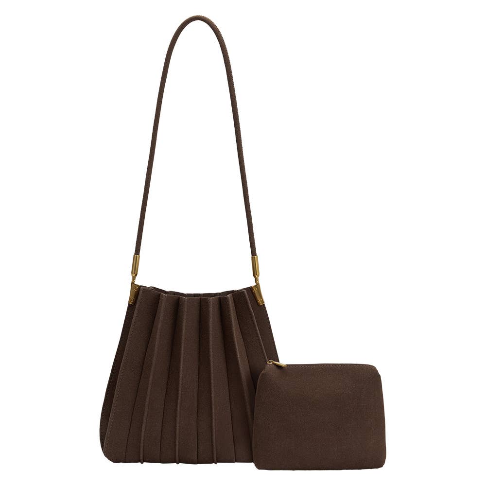 A dark brown pleated shoulder bag with a matching zippered pouch, featuring gold-tone hardware, set against a plain white background.