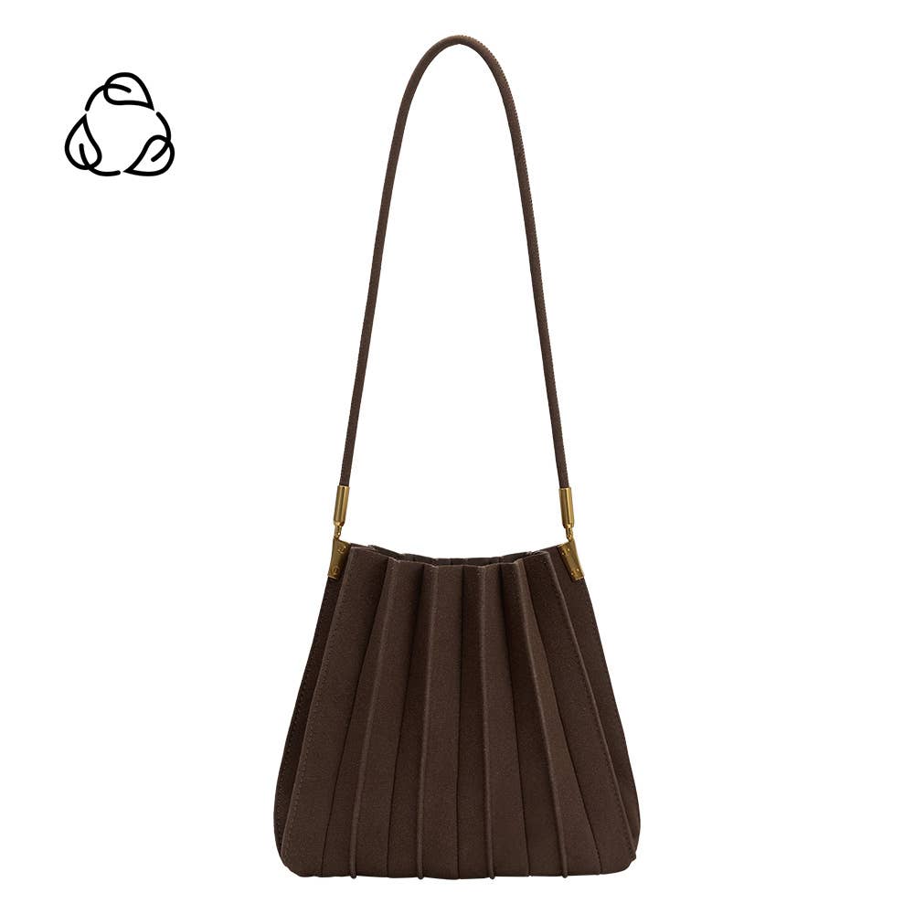 A dark brown pleated shoulder bag with a single strap and gold-tone hardware, shown against a plain white background with a small black recycling symbol in the top-left corner.