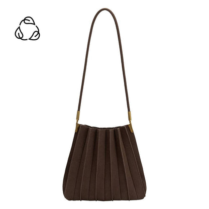 A dark brown pleated shoulder bag with a single strap and gold-tone hardware, shown against a plain white background with a small black recycling symbol in the top-left corner.