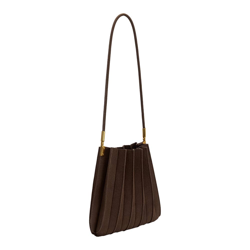 A dark brown pleated leather shoulder bag with a single thin strap and gold-tone hardware, shown against a plain white background.
