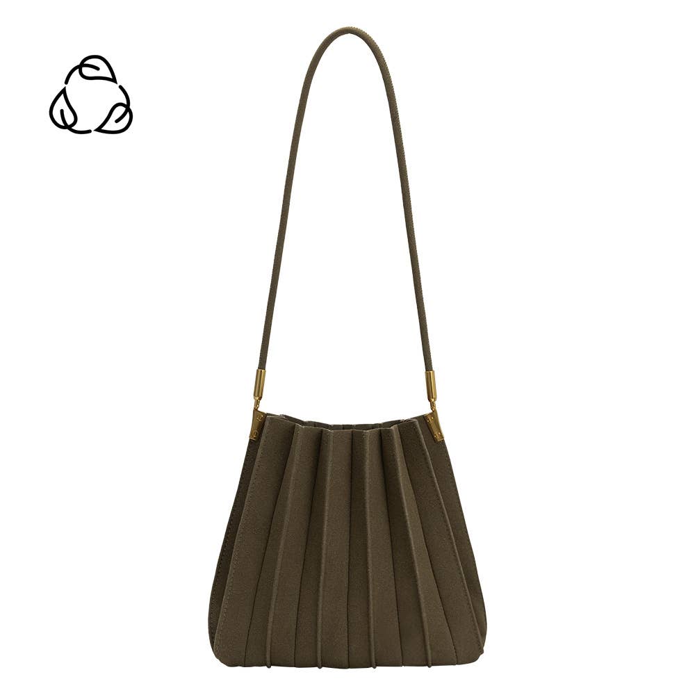 An olive pleated shoulder bag with a single strap and gold-tone hardware, shown against a plain white background with a small black recycling symbol in the top-left corner.