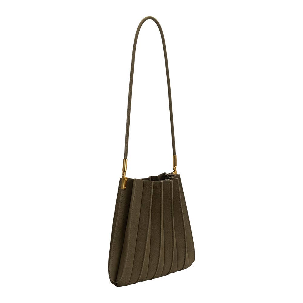An olive green pleated shoulder bag with a single thin strap and gold-tone hardware, shown against a plain white background.