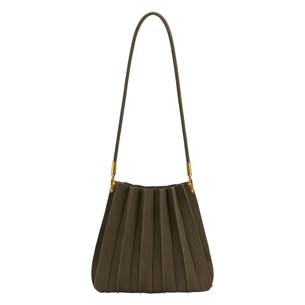 An olive green pleated shoulder bag with a single thin strap and small gold-tone hardware, shown against a plain white background.