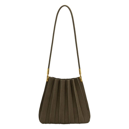 An olive green pleated shoulder bag with a single thin strap and small gold-tone hardware, shown against a plain white background.