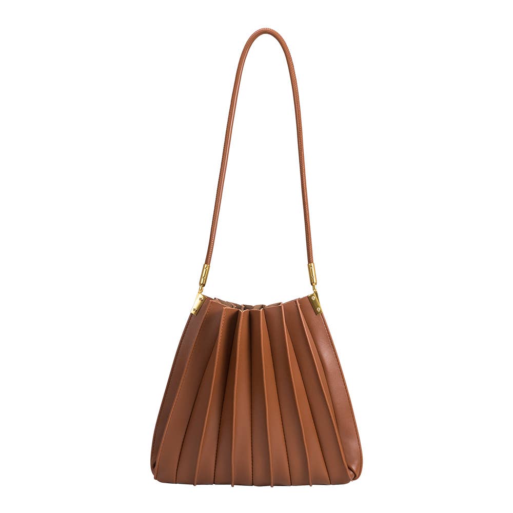 Brown pleated handbag with a strap on a white background