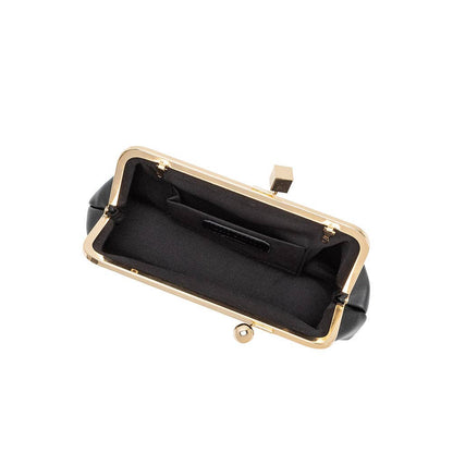 Black kiss-lock clutch purse with a gold-tone metal frame and black interior lining, shown open against a white background.