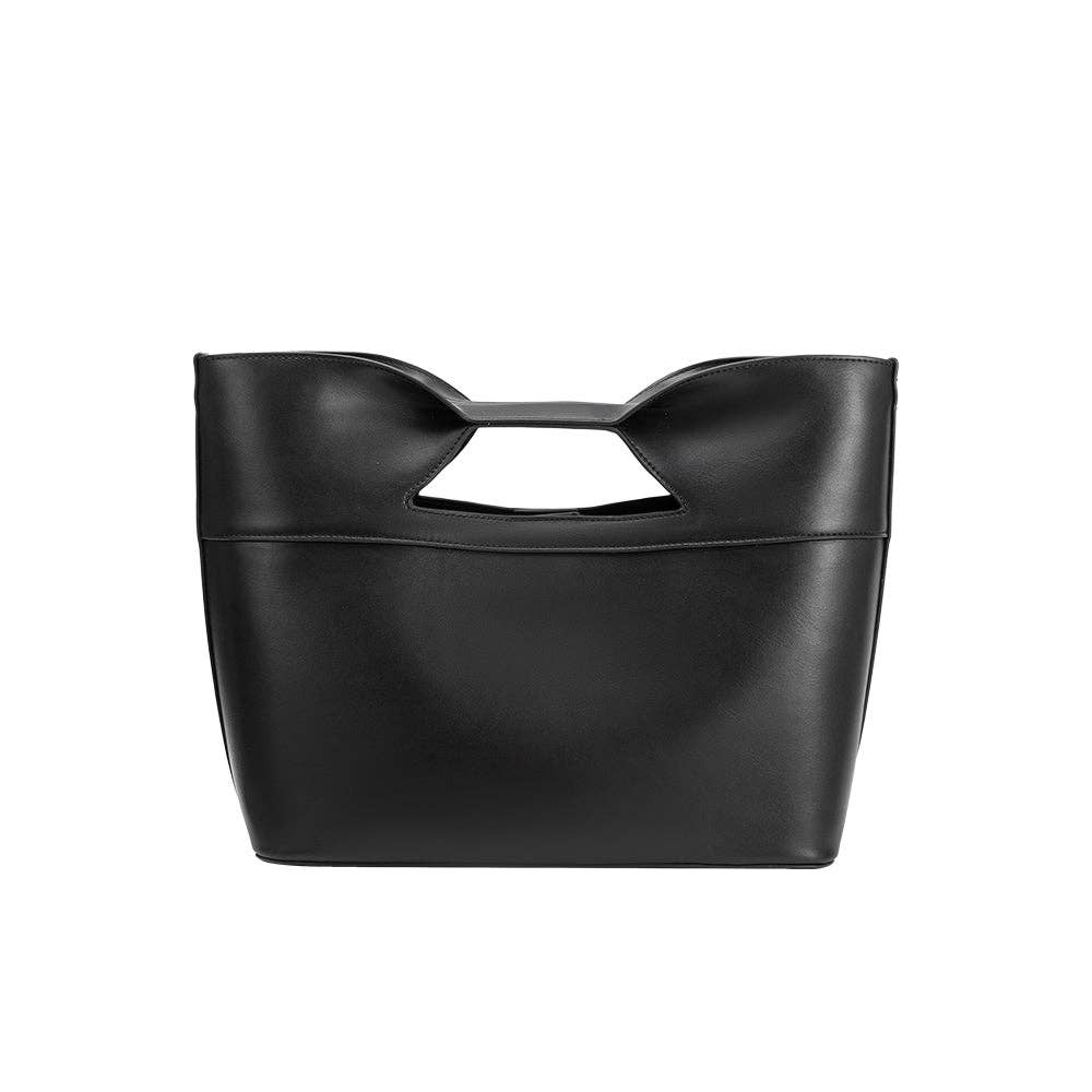 Black handbag with unique handle design on a white background