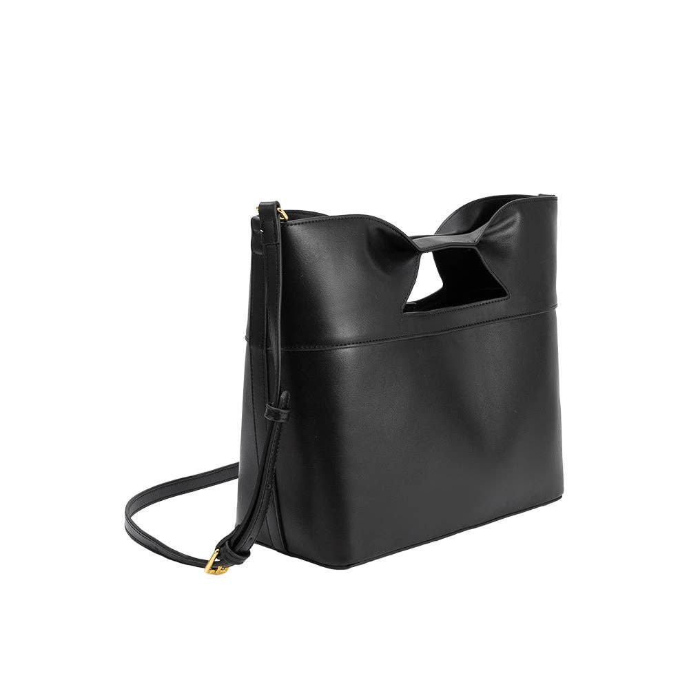Black leather handbag with a bow detail on a white background