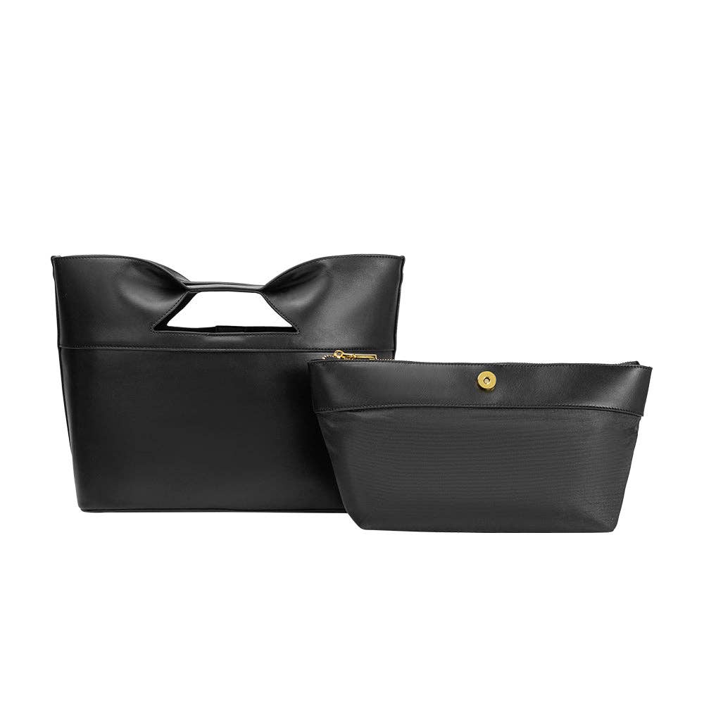 Two black handbags with gold accents on a white background