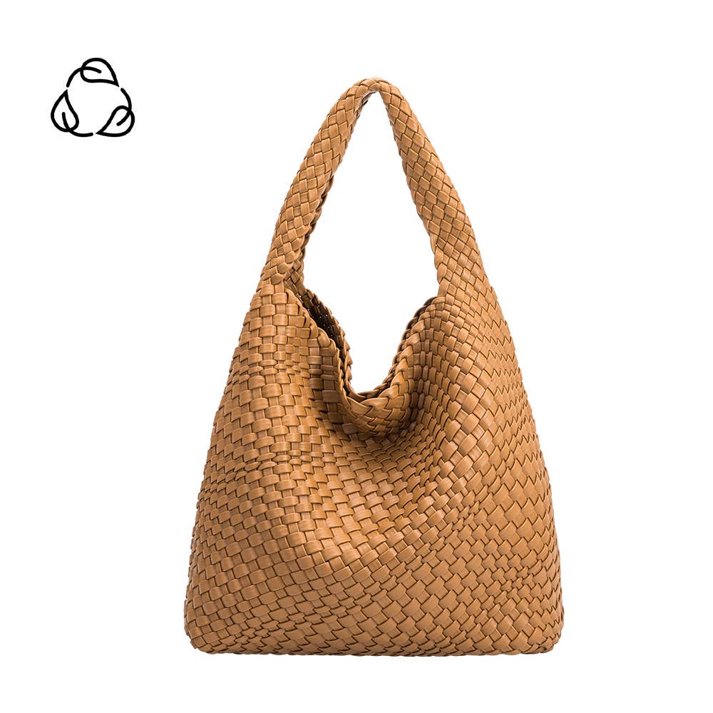 Woven camel handbag on a white background