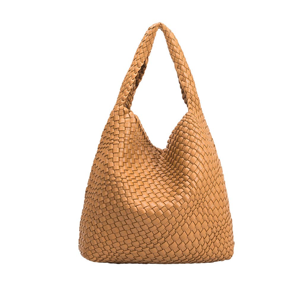 Woven camel handbag on a white background