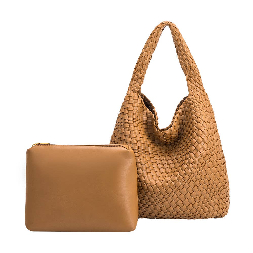 Camel woven handbag and matching pouch on a white background
