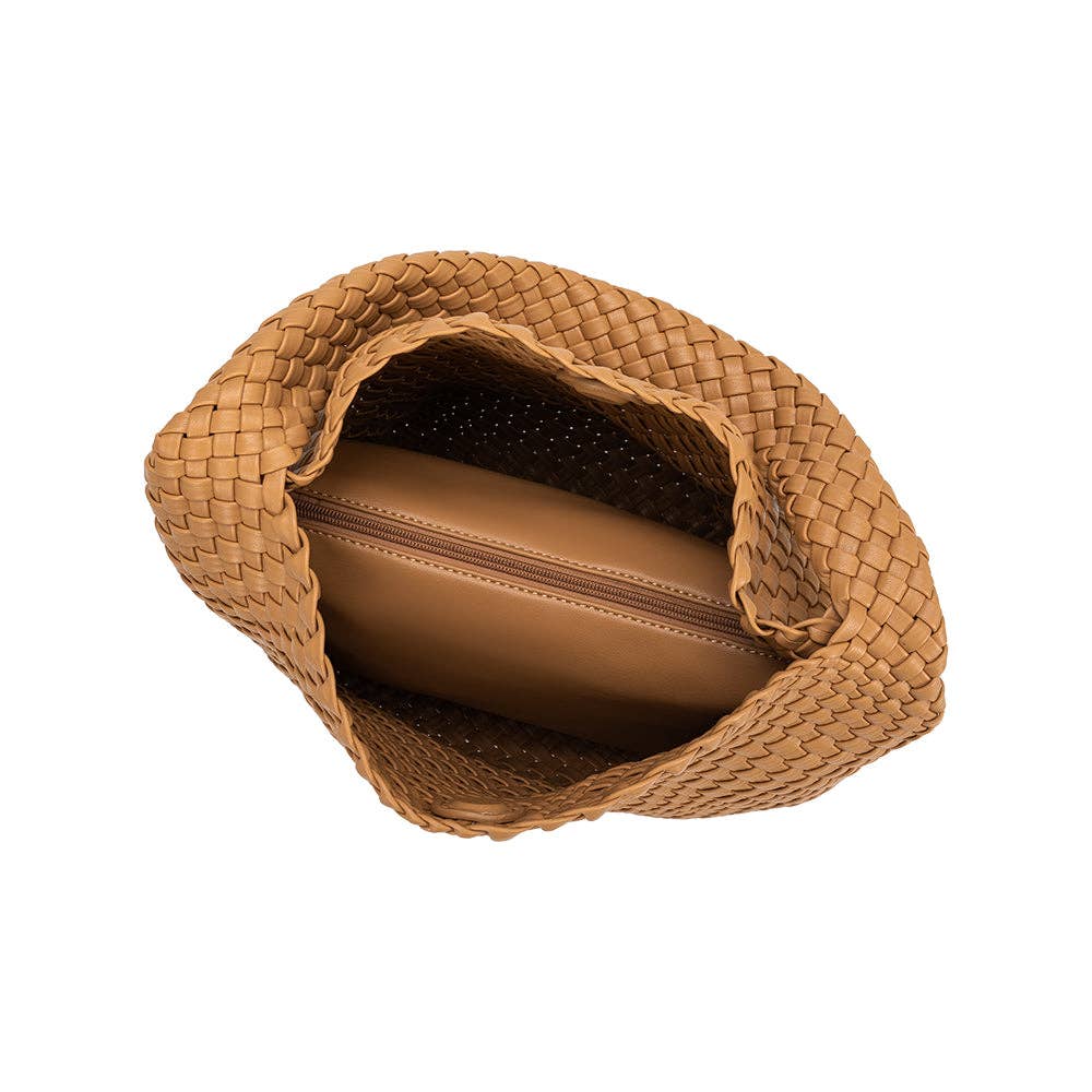 Camel woven handbag on a white background