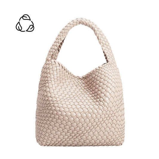 Beige woven handbag on a white background