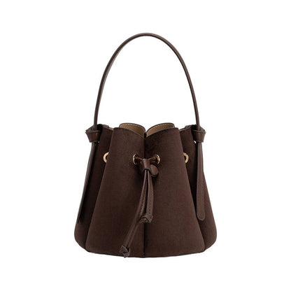 Brown handbag with a drawstring on a white background