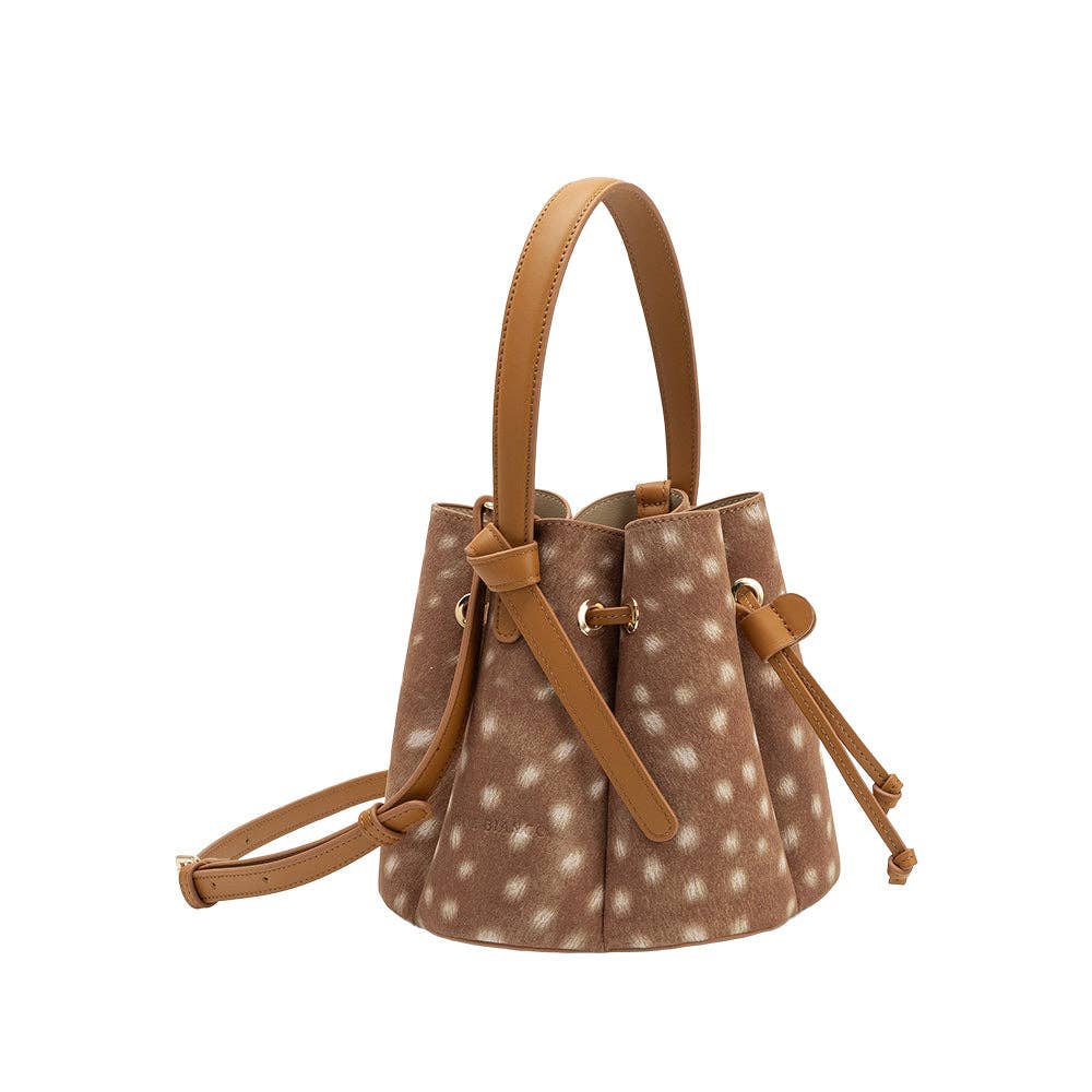 Brown fawn print bucket bag with tan leather straps on a white background