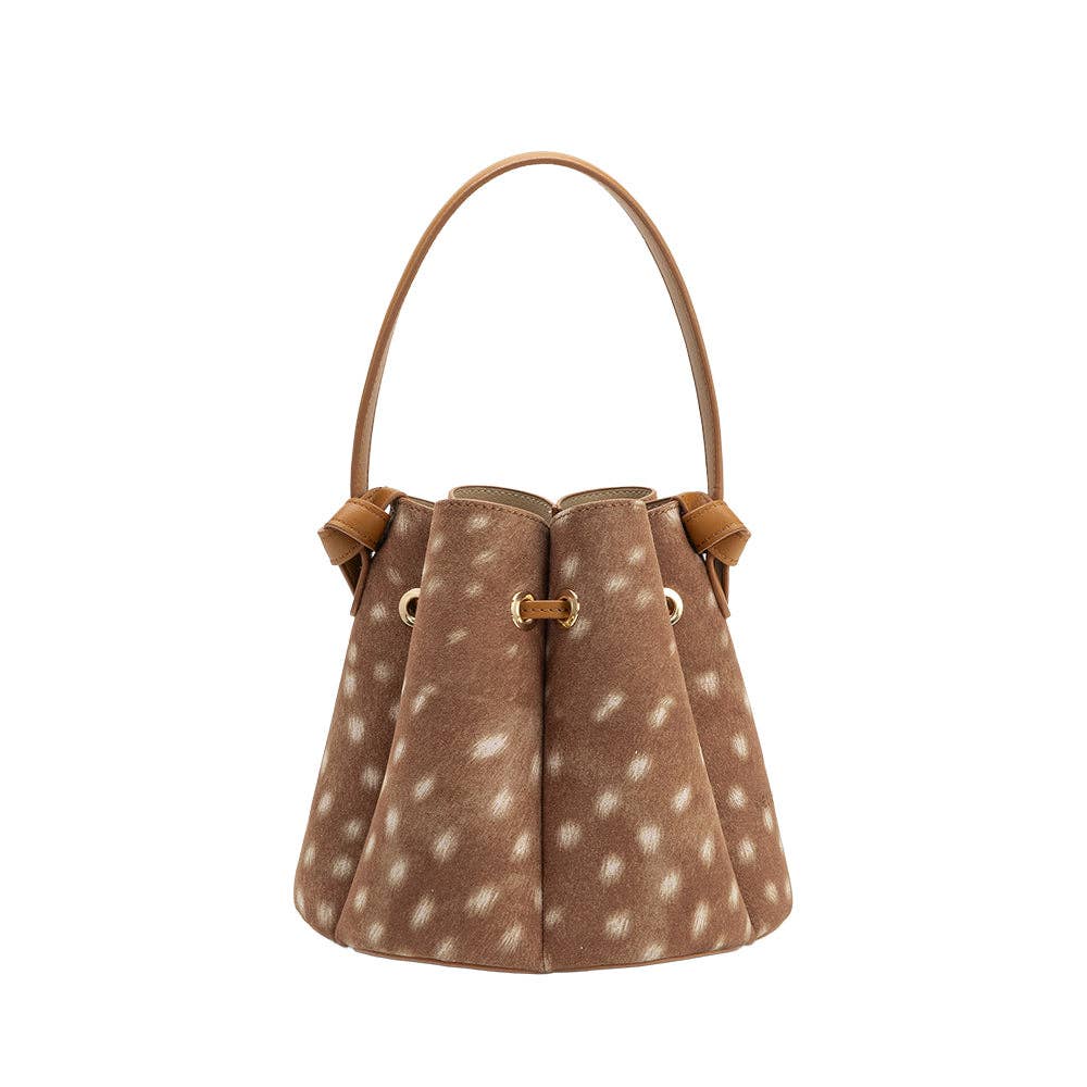 Brown fawn print handbag with leather accents on a white background